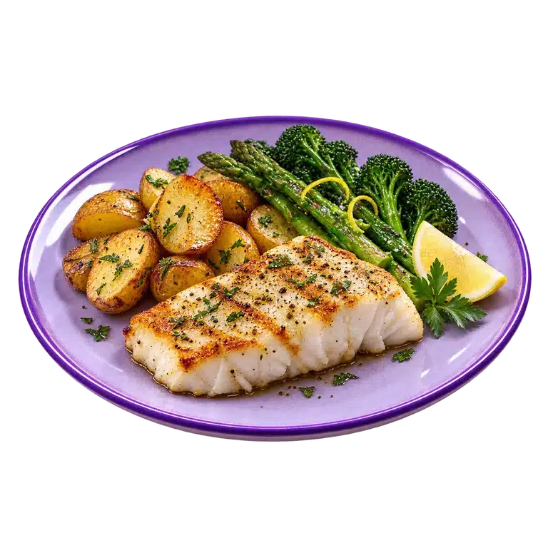 Plato de pescado cocido con papas y verduras
