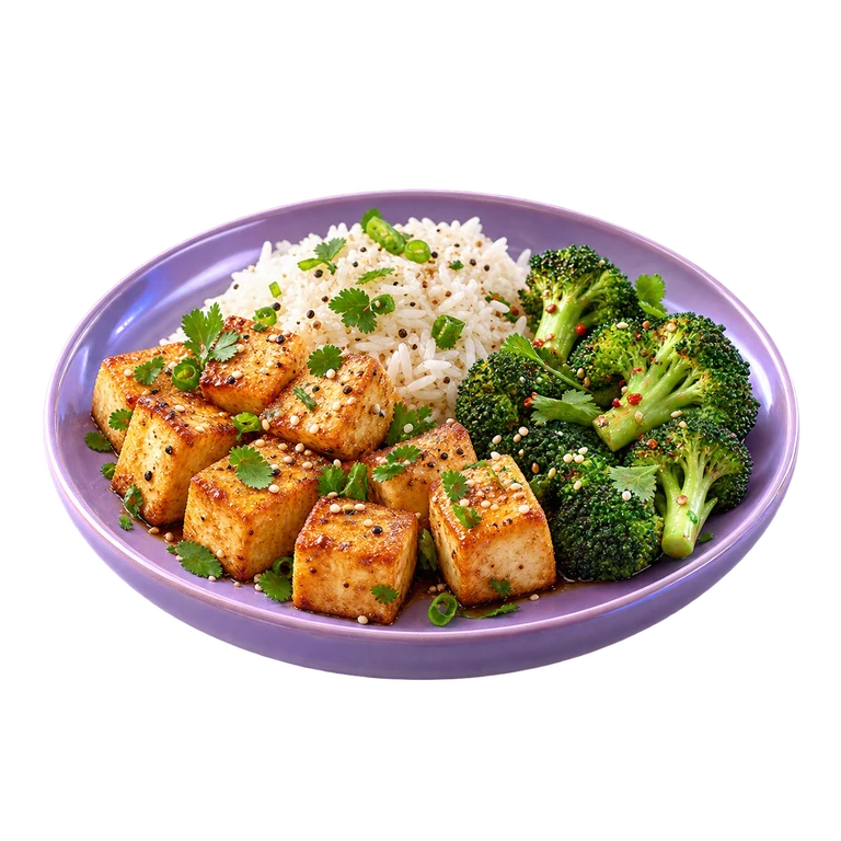 Plato de tofu dorado con arroz y brócoli
