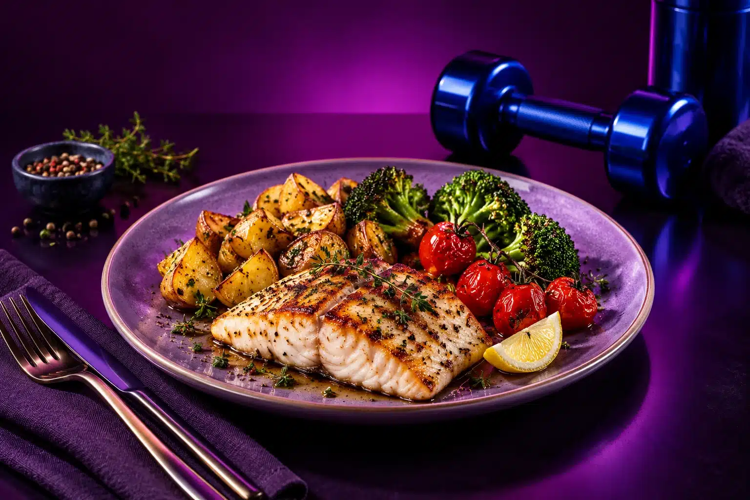 Cena después de entrenar: pescado con papas y verduras junto a una mancuerna