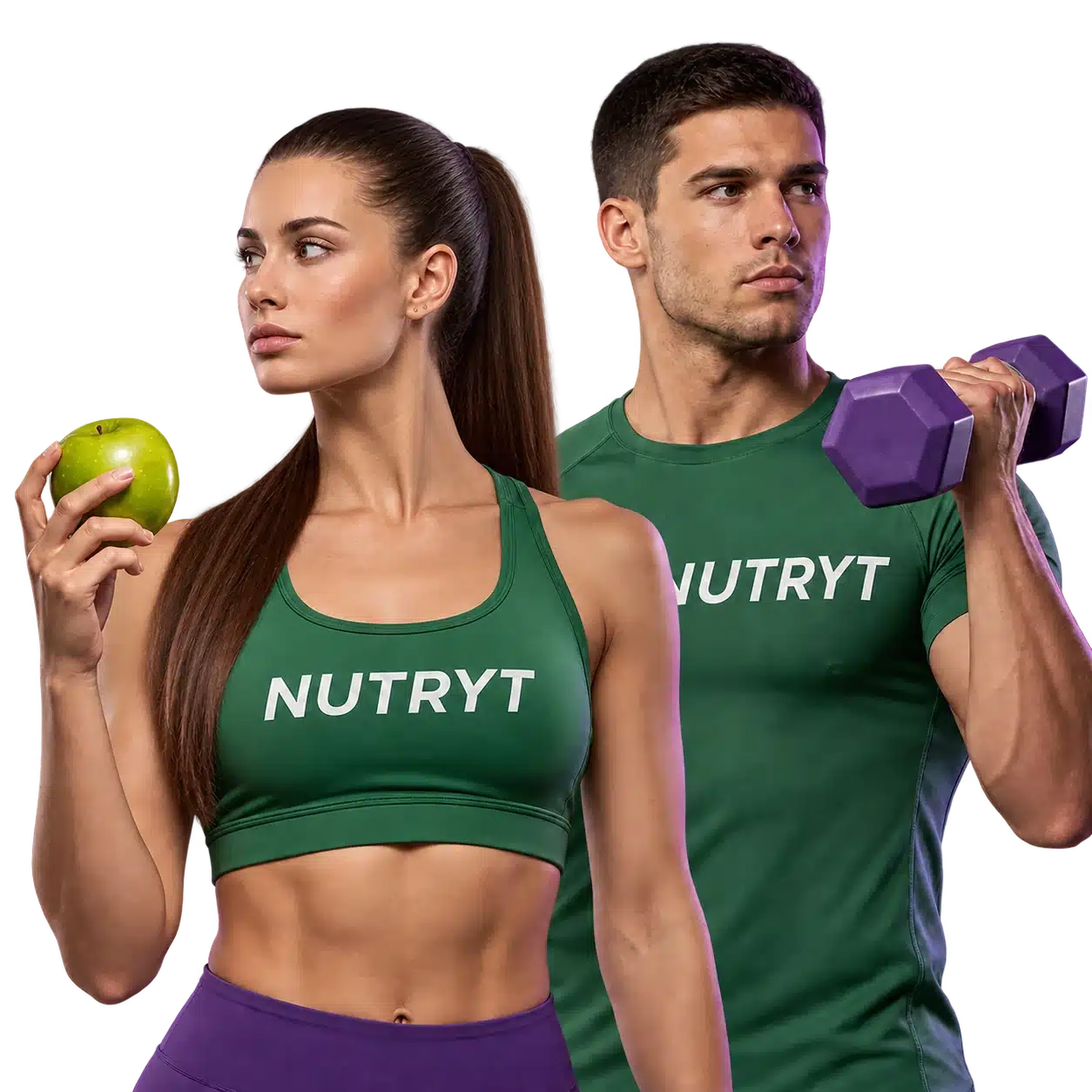 La pareja de Nutryt mirando hacia lados opuestos, con una manzana y una mancuerna.