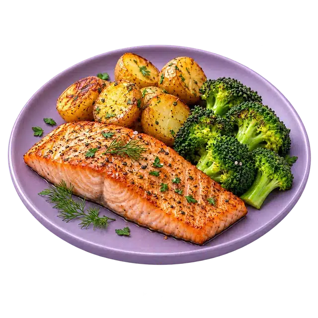 Salmón, papas y brócoli como ejemplo de una comida variada