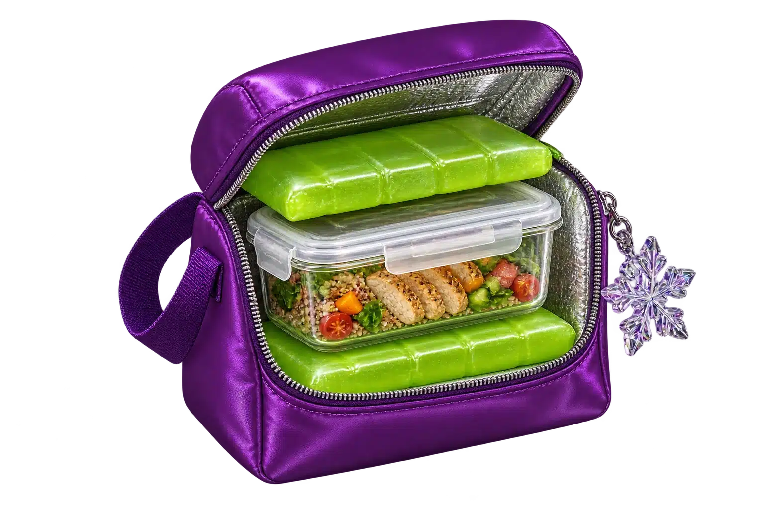 Lonchera abierta con un recipiente entre dos geles refrigerantes, uno arriba y otro debajo