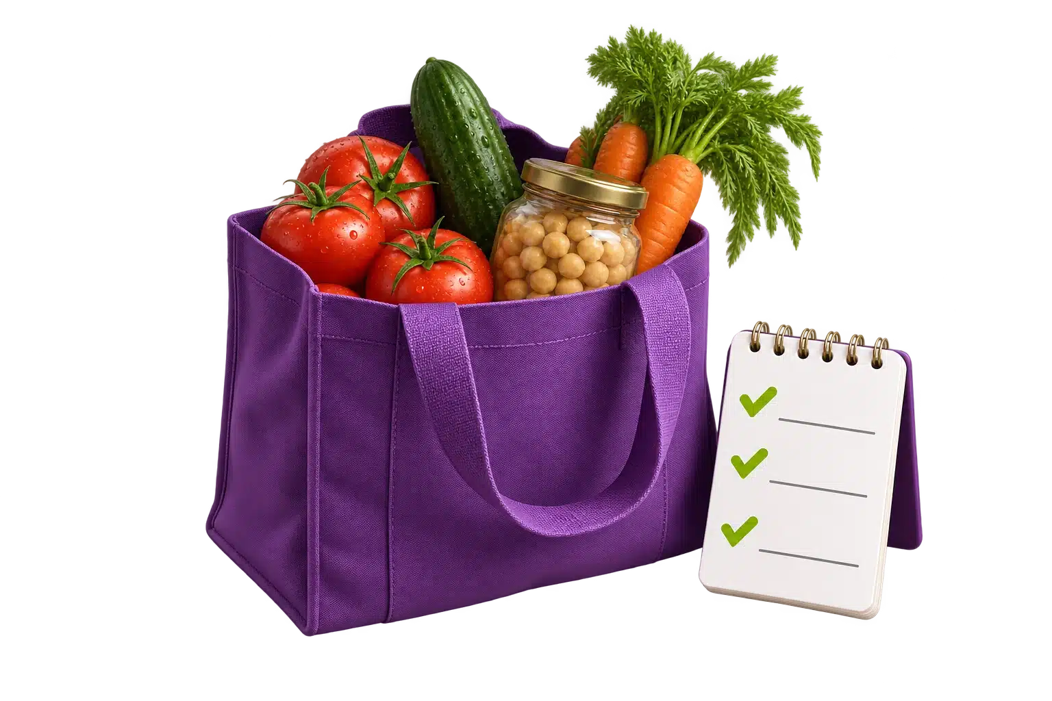 Bolsa morada con verduras y un frasco de garbanzos junto a una lista de compras