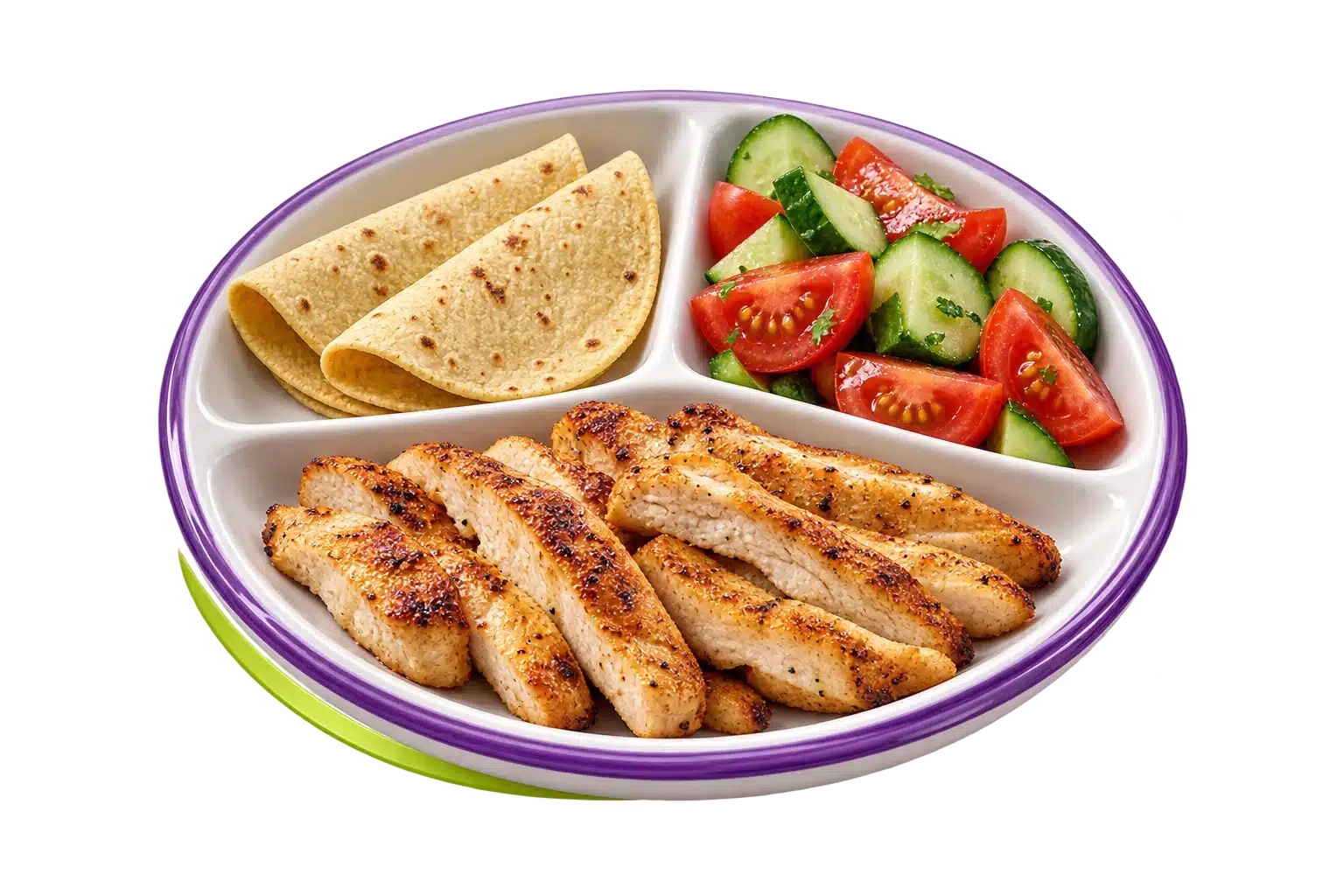 Plato con pollo, tortillas y verduras como ejemplo de una comida con distintos alimentos