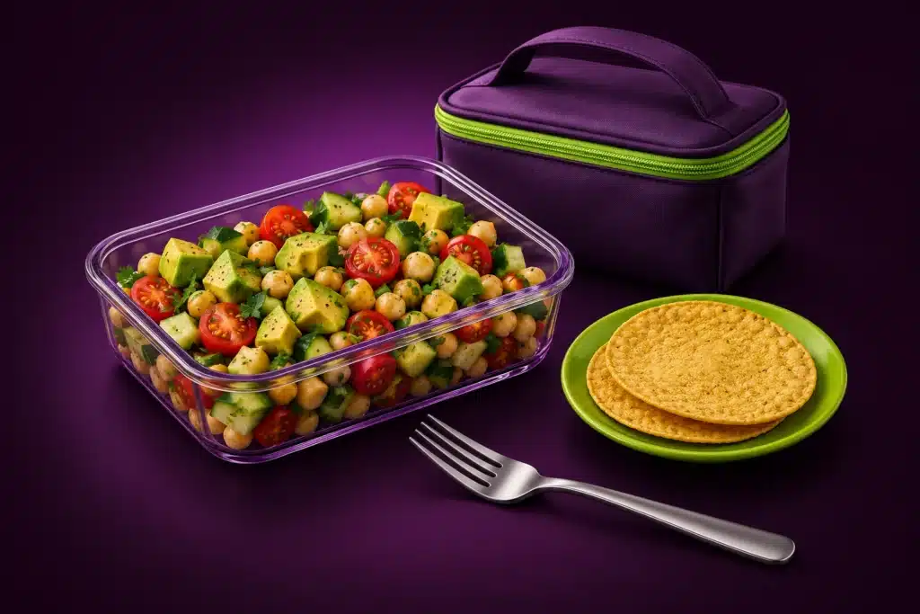 Ensalada de garbanzos, pepino, jitomate y aguacate con tostadas y lonchera morada