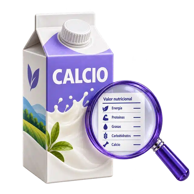 Envase de bebida vegetal y lupa sobre su información nutricional