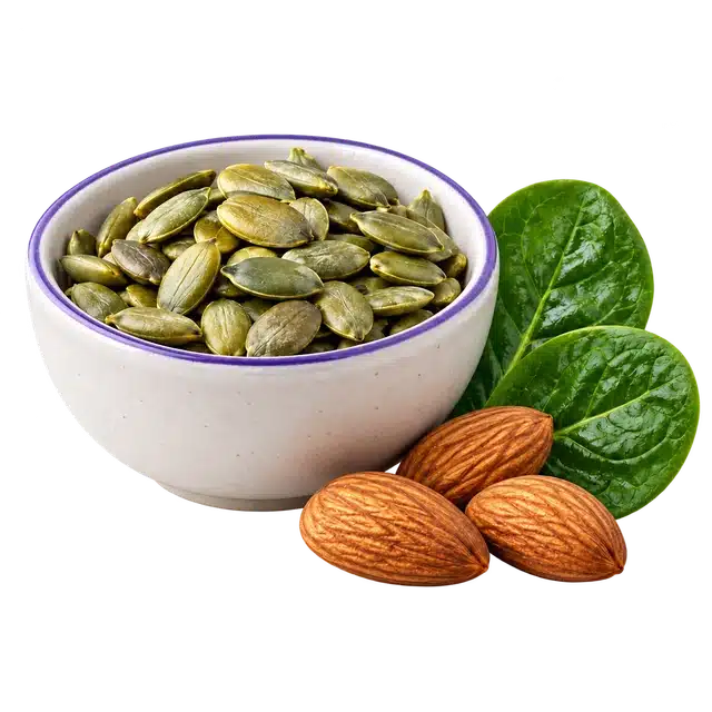 Pepitas, almendras y espinaca: alimentos que aportan magnesio