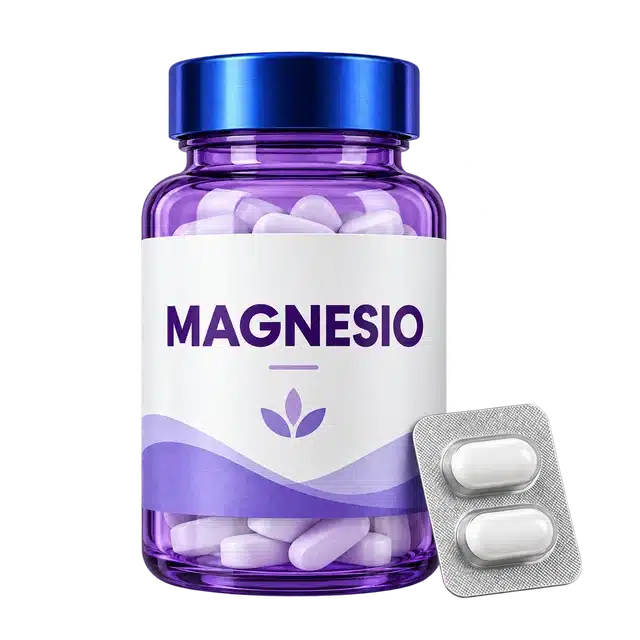 Frasco identificado como magnesio junto a un blíster de tabletas