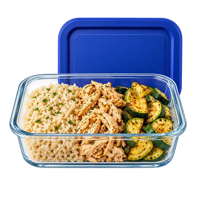 Recipiente con arroz, pollo y calabacita listo para transportar