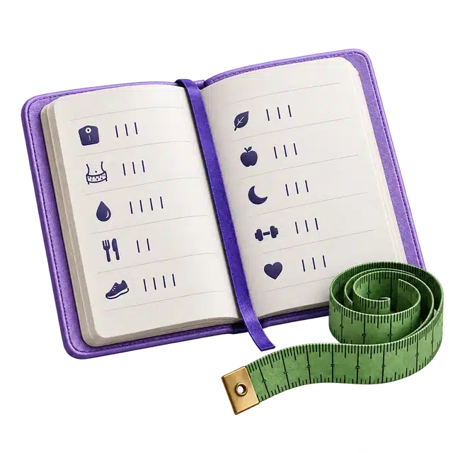 Cuaderno de seguimiento y cinta para revisar hábitos y medidas