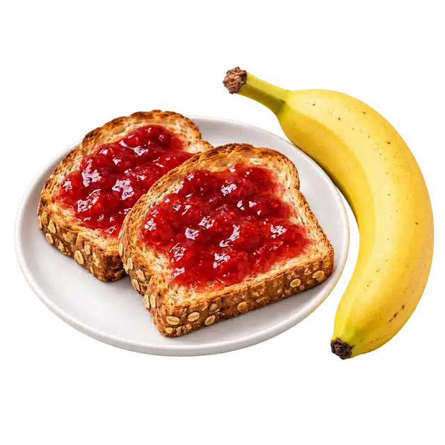 Pan con mermelada y plátano como ejemplo de desayuno ensayado
