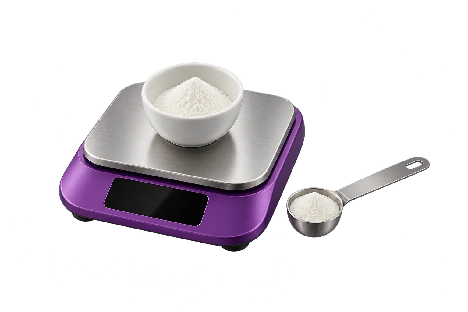 Báscula digital morada con polvo y una cuchara para comprobar cantidades en gramos