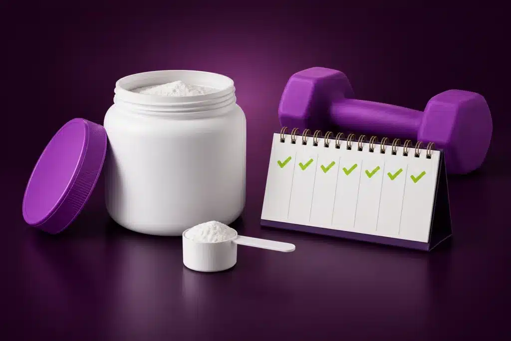Creatina, cuchara medidora, calendario semanal y mancuerna sobre fondo morado oscuro