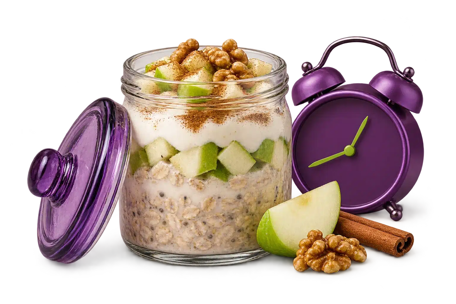 Frasco de avena con yogur, manzana y nueces junto a un reloj morado para preparar el desayuno desde la noche anterior