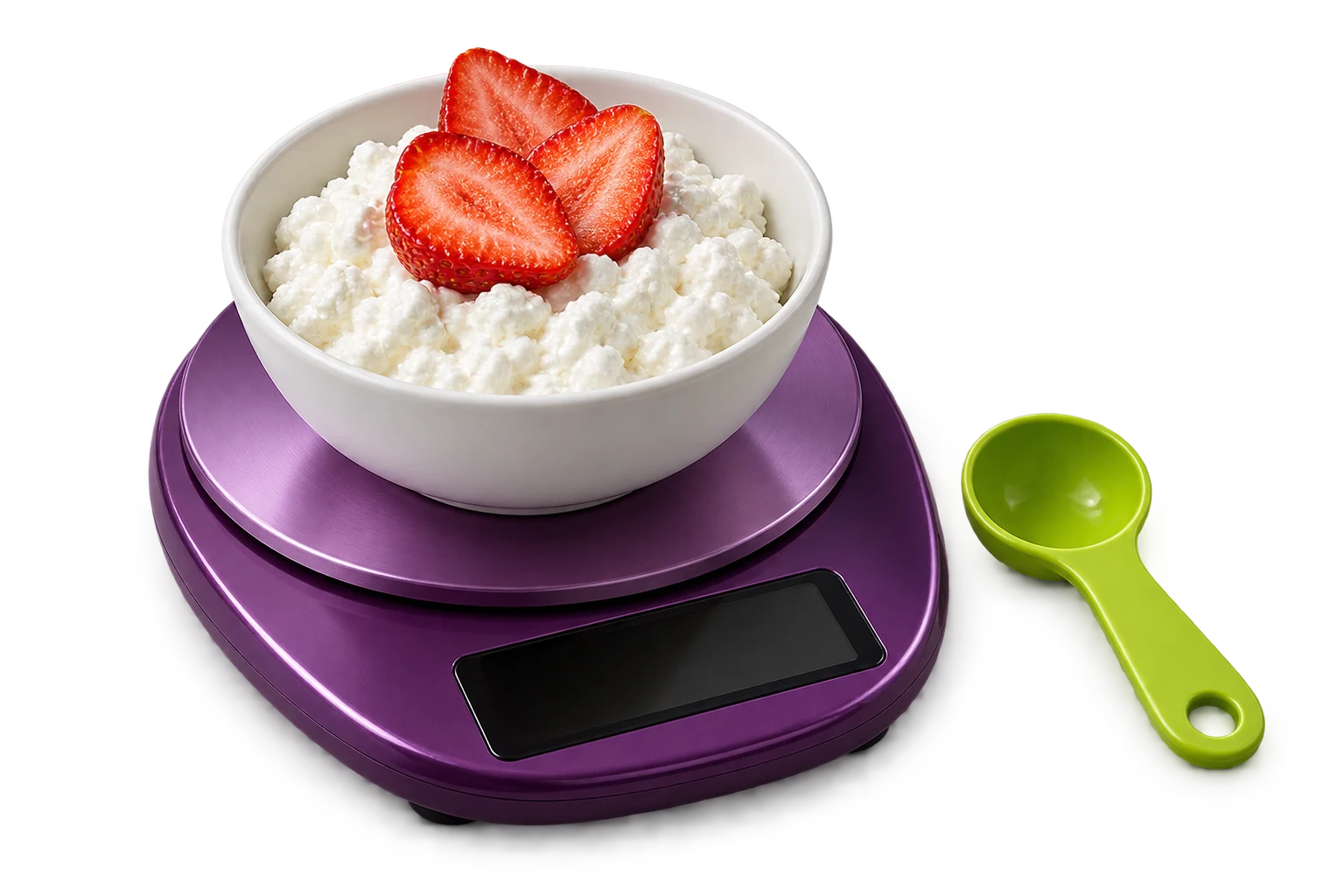 Báscula morada con un tazón de queso cottage y fresas junto a una cuchara medidora verde