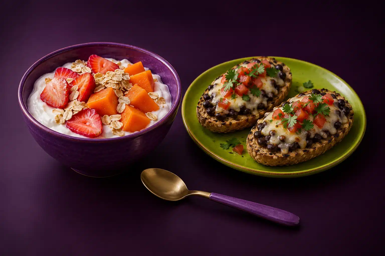 Tazón de yogur con fresas, papaya y avena junto a molletes con frijoles, queso y pico de gallo sobre fondo morado