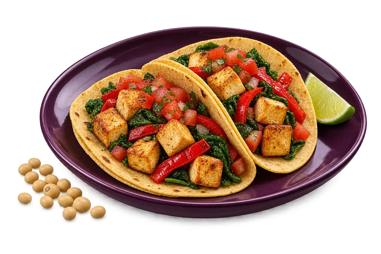 Tacos de tofu dorado con pimiento rojo y espinaca en un plato morado, acompañados de limón