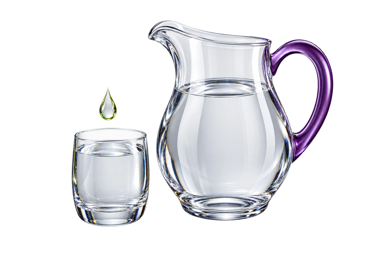 Jarra y vaso de agua de cristal con detalles morados y verdes