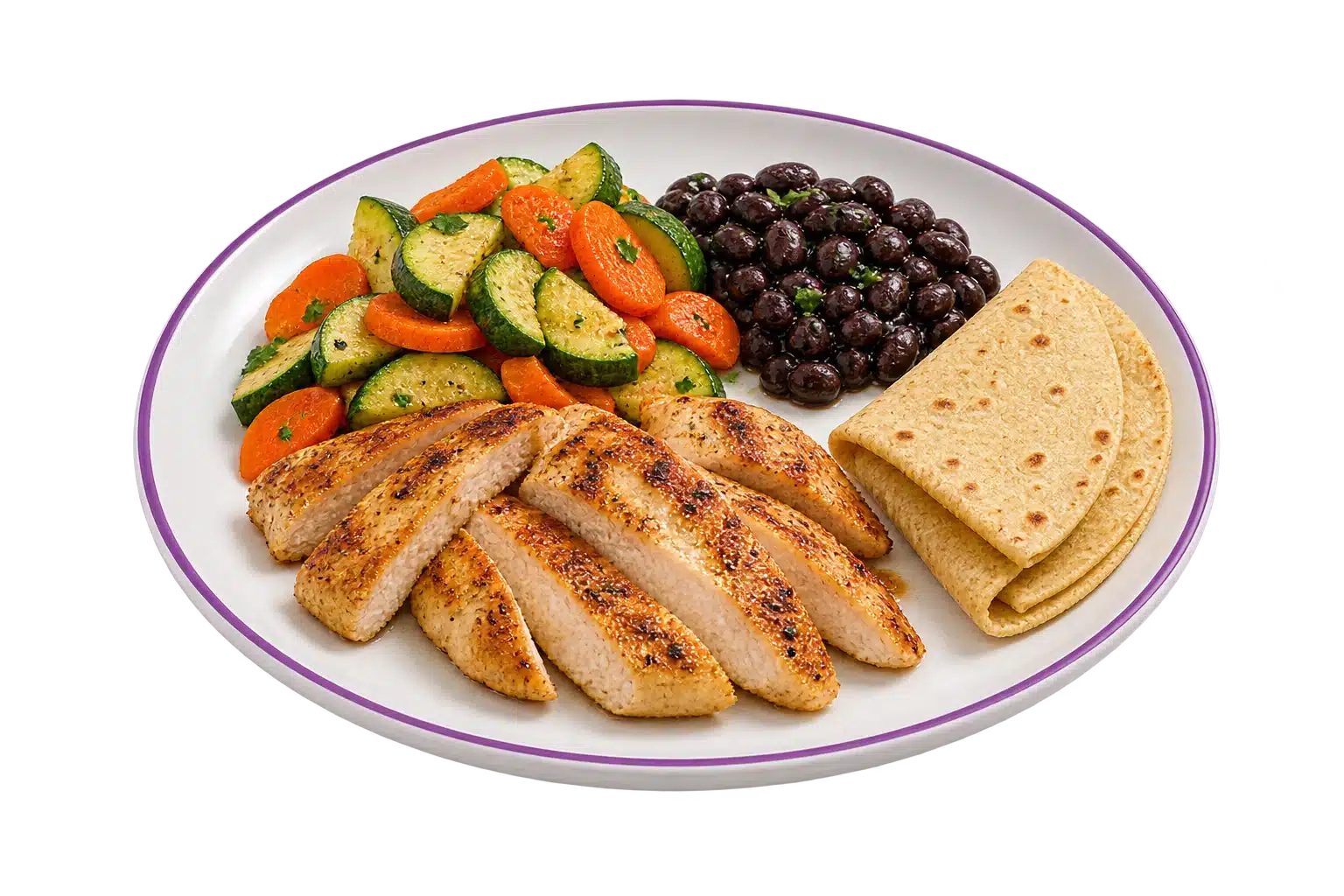 Plato completo con pollo dorado, calabacitas, zanahorias, frijoles y tortillas de maíz