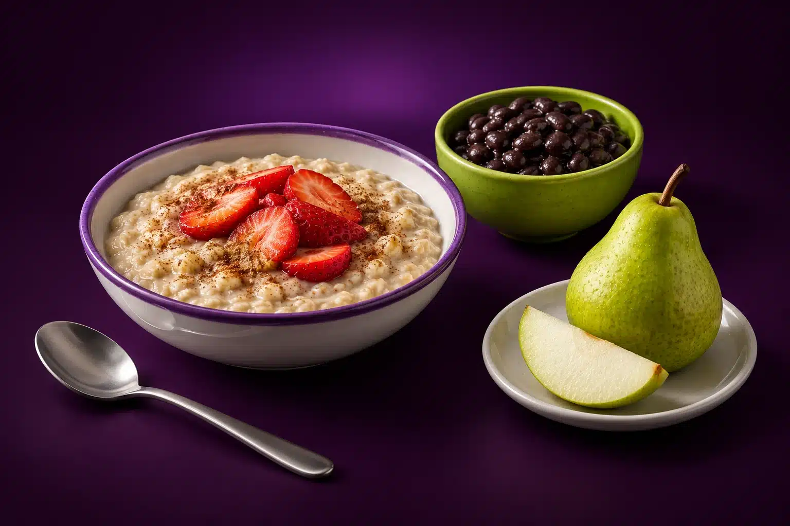 Avena con fresas, frijoles negros y pera en una composición sobre fondo morado oscuro