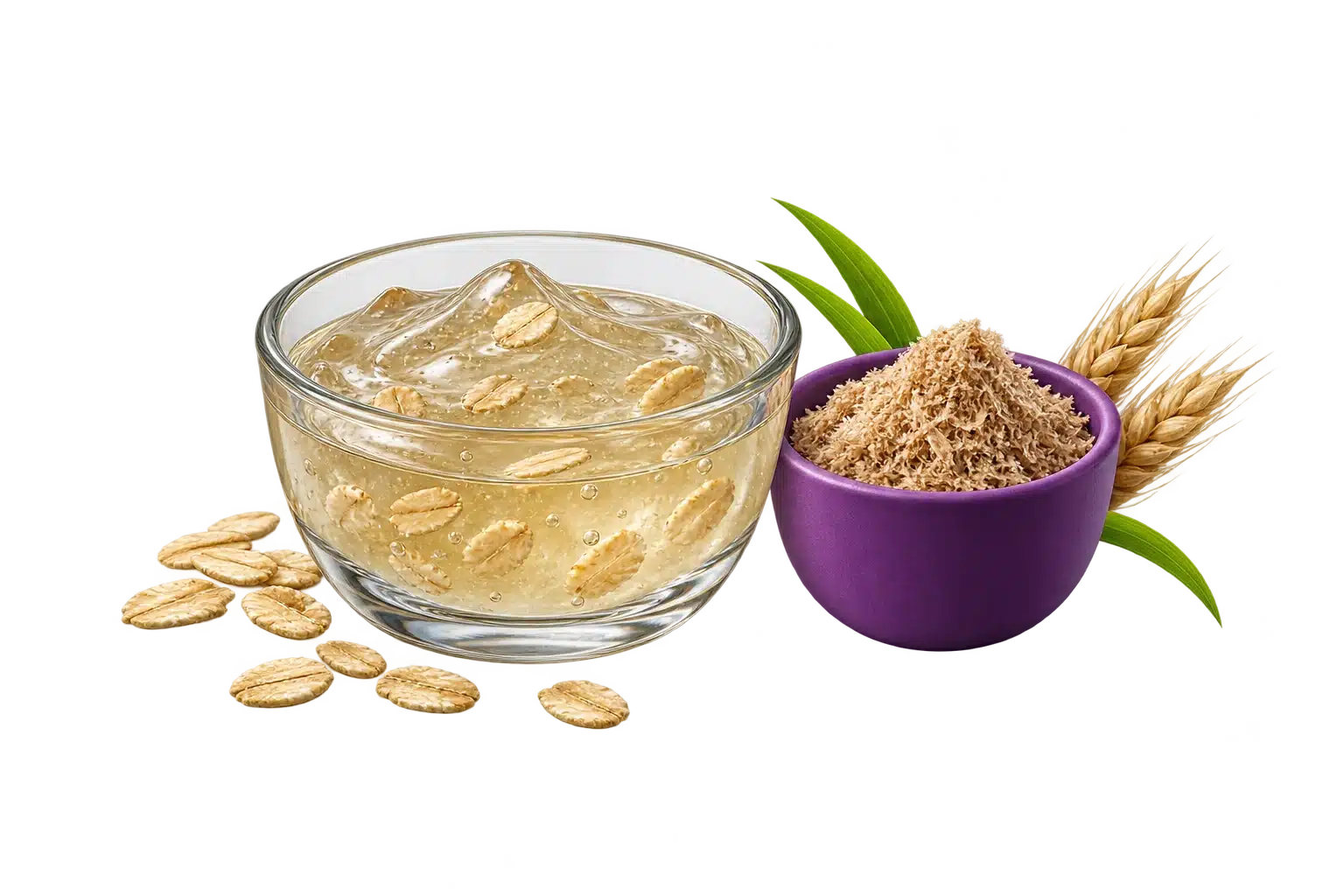 Gel con avena y un recipiente de salvado que ilustran distintos tipos de fibra