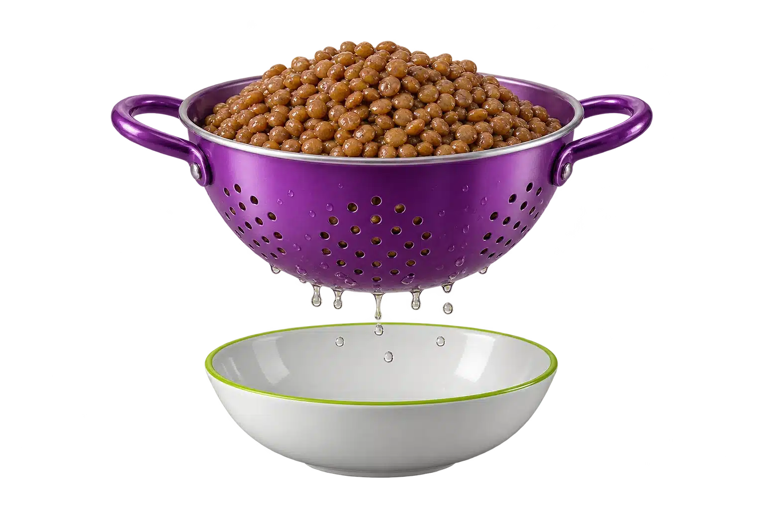 Lentejas cocidas escurriendo en un colador morado sobre un recipiente