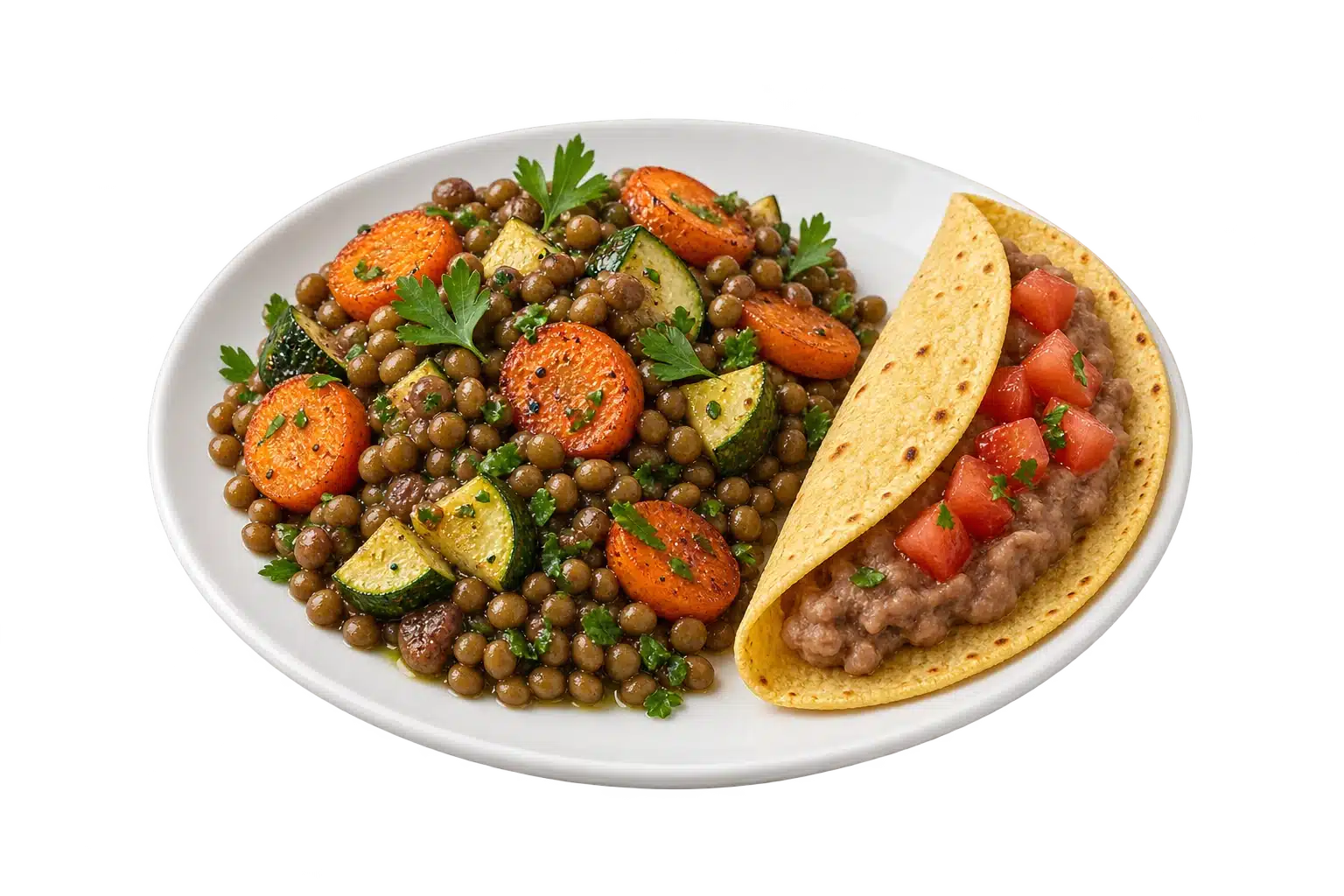 Ensalada tibia de lentejas con verduras y taco de frijoles con jitomate