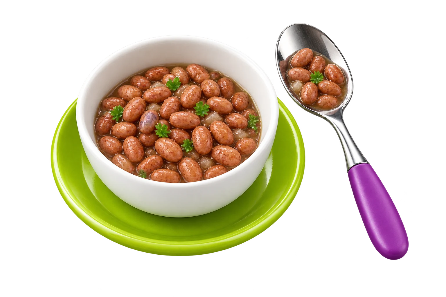 Tazón pequeño de frijoles cocidos y cuchara para representar una porción inicial