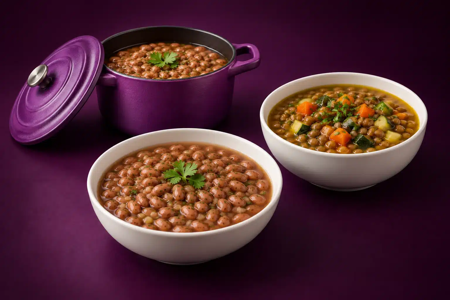 Frijoles de olla y lentejas con verduras en recipientes completos sobre fondo morado