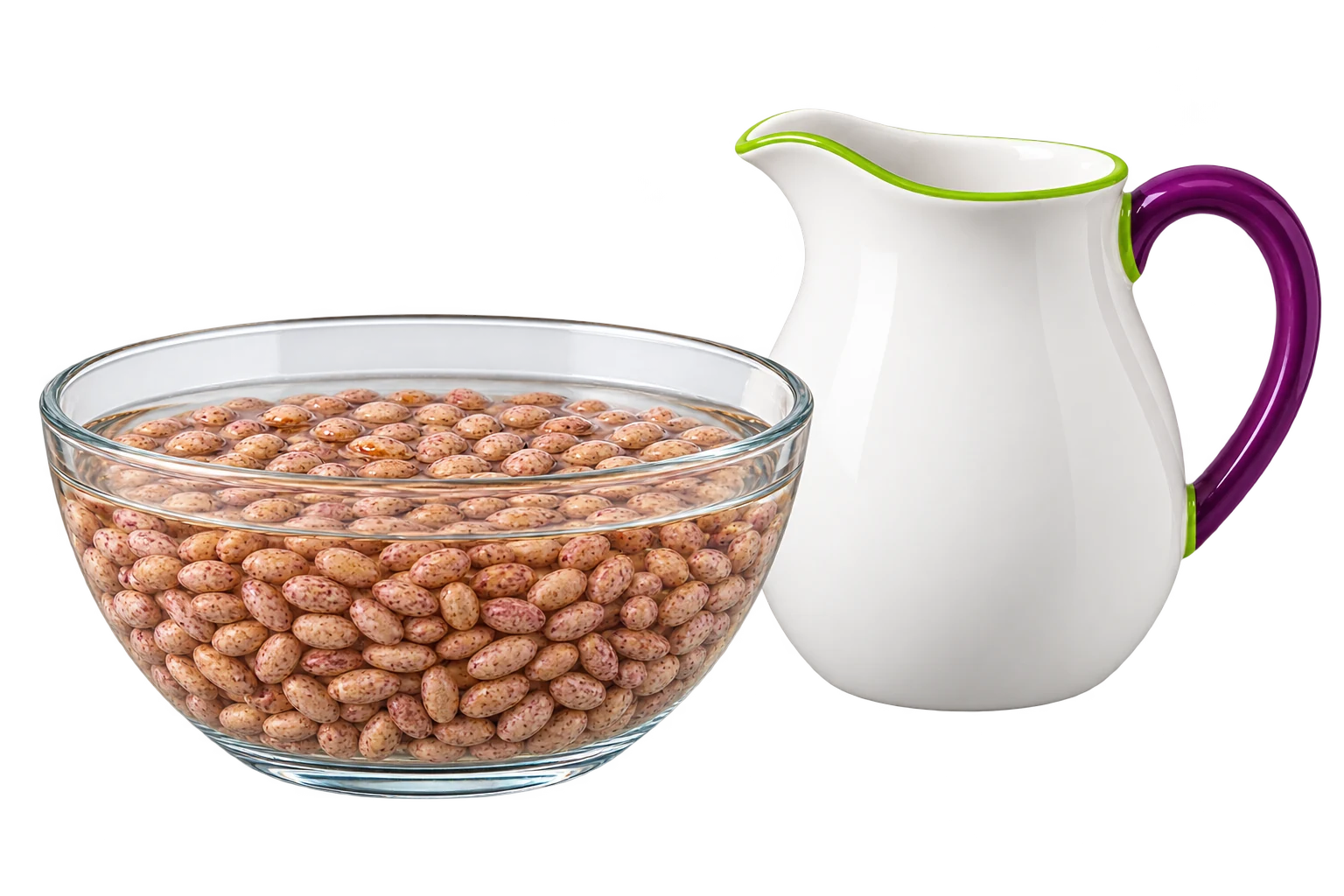 Frijoles pintos en remojo dentro de un recipiente de vidrio junto a una jarra