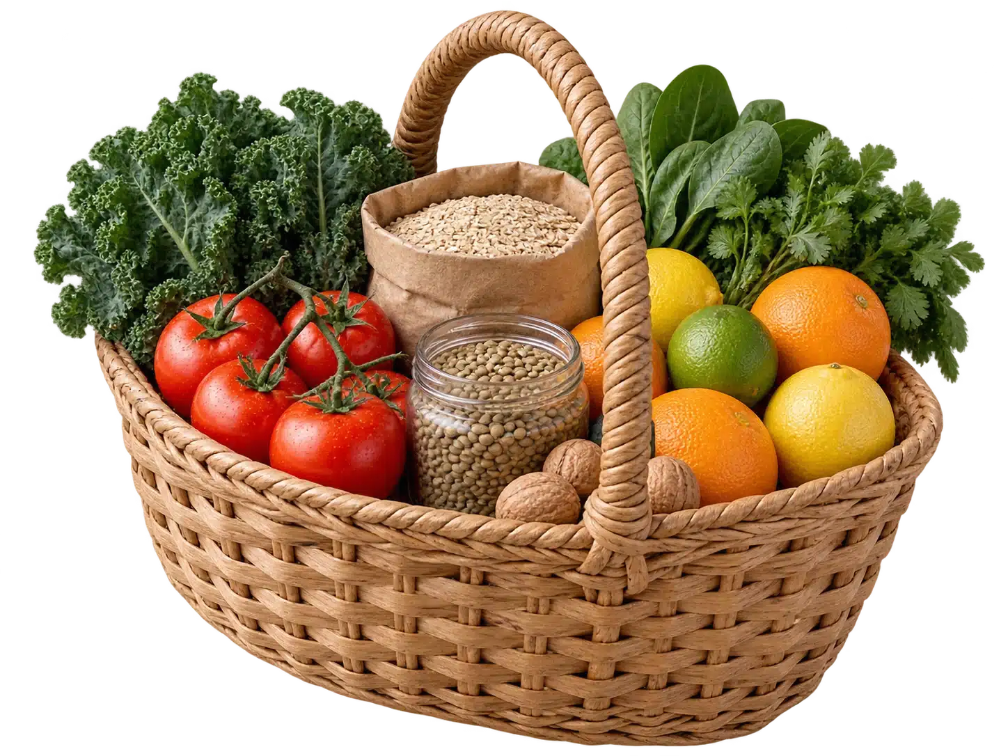 Canasta con verduras, fruta, avena, lentejas y nueces