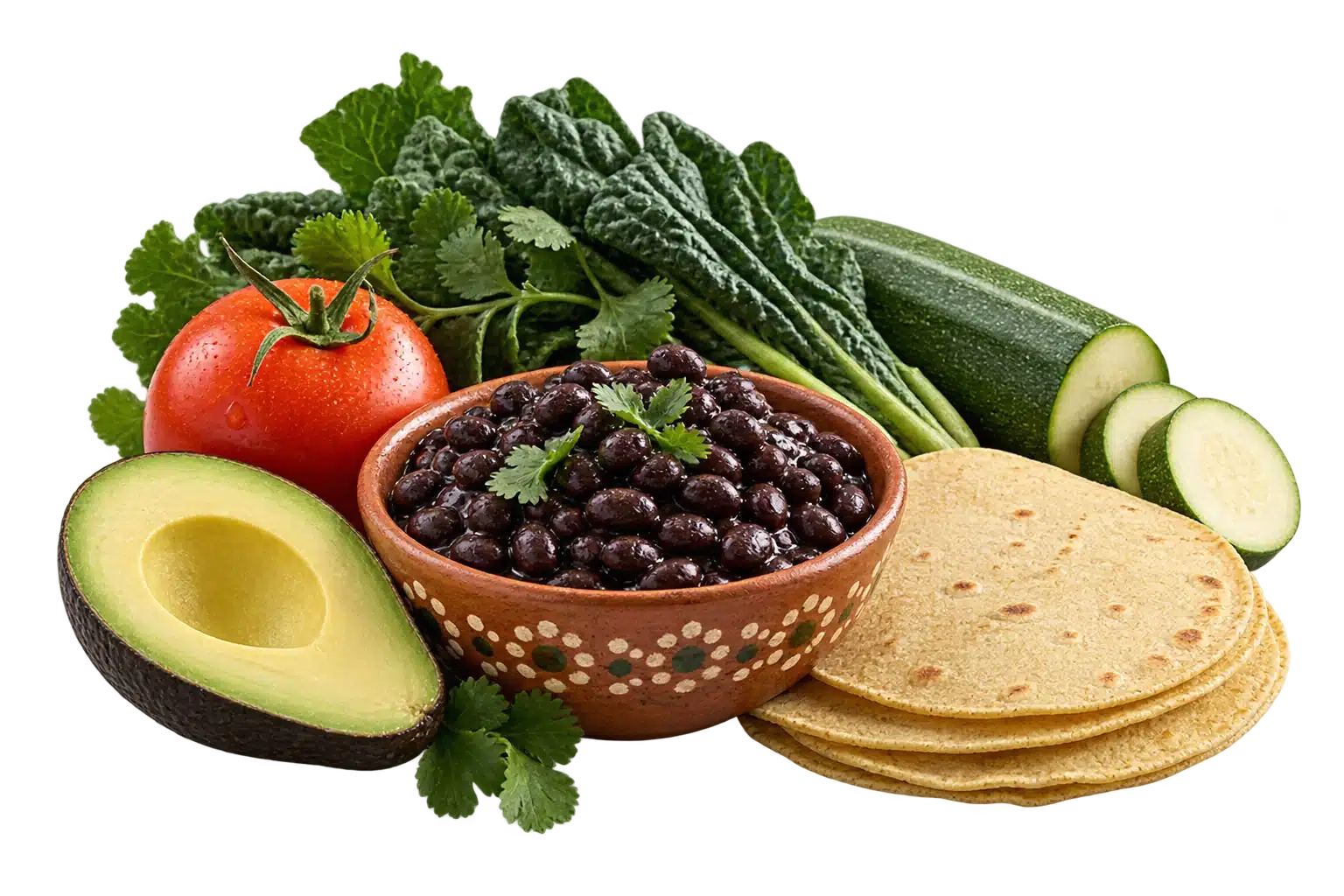 Frijoles, tortillas de maíz, verduras y aguacate como alimentos cotidianos