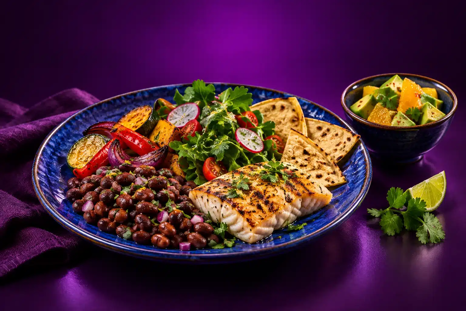 Plato con frijoles, verduras, tortillas de maíz y pescado