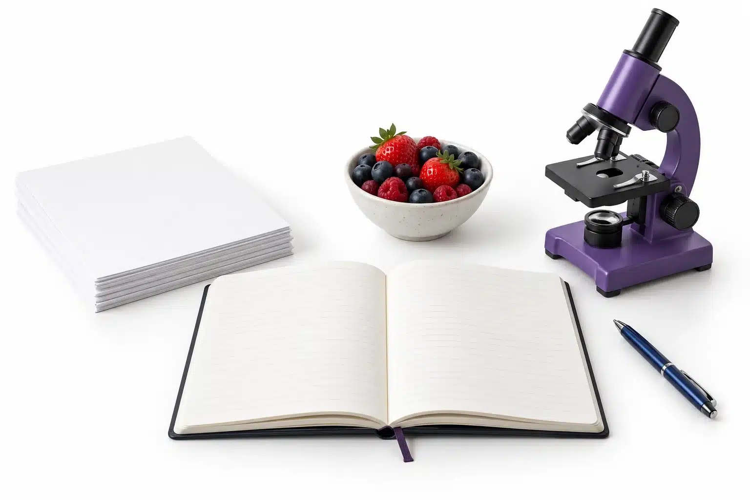Libreta, alimentos y microscopio que representan el estudio de la nutrición.