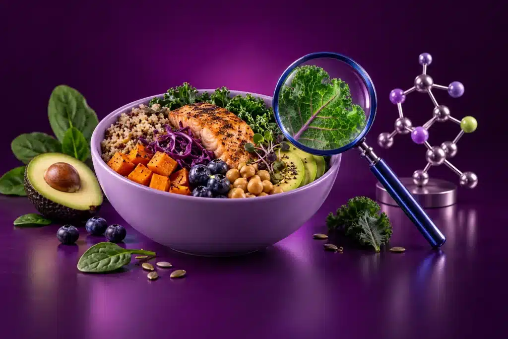 Alimentos variados y libreta para estudiar la ciencia de la nutrición