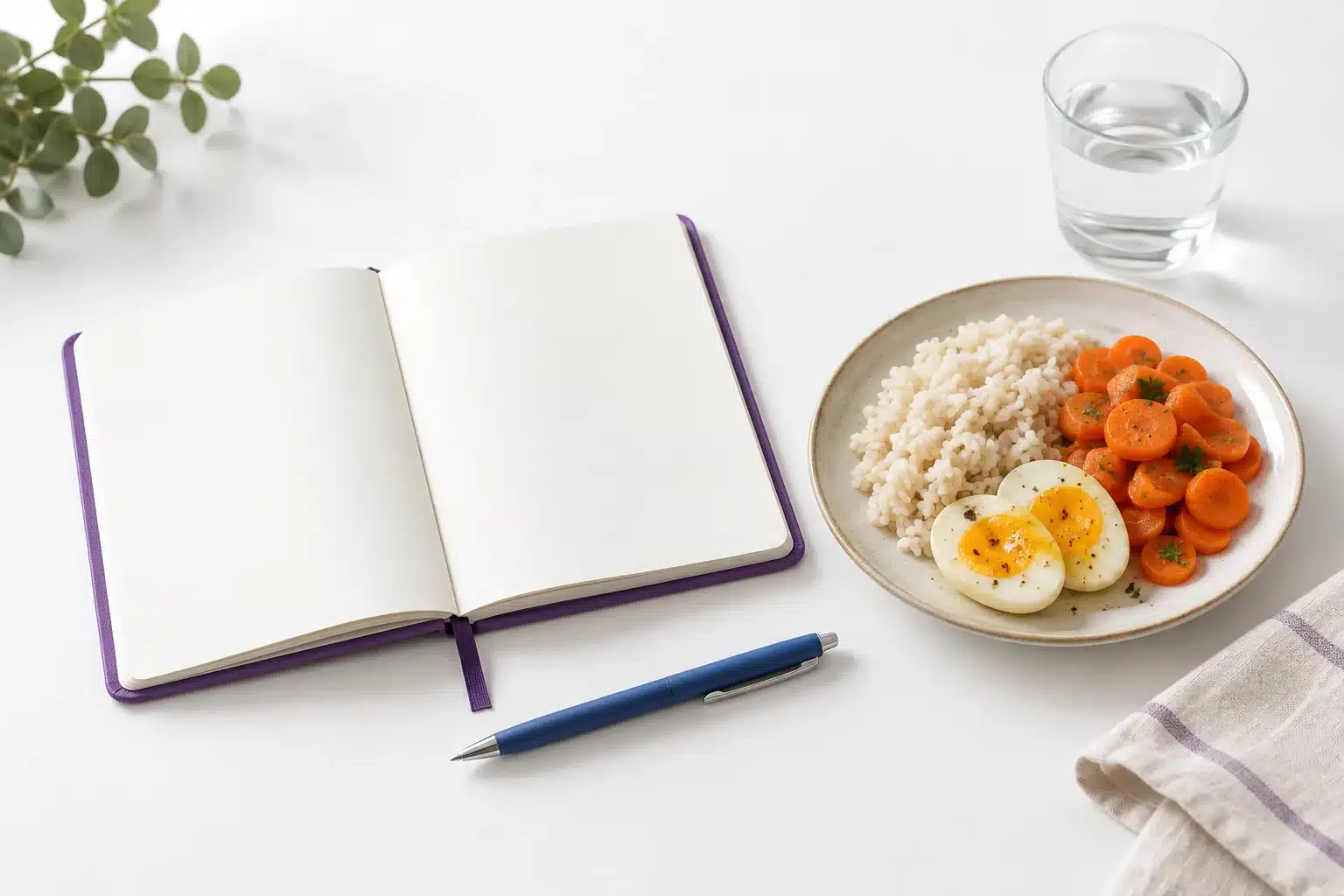 Libreta de síntomas y comida variada en una mesa blanca.