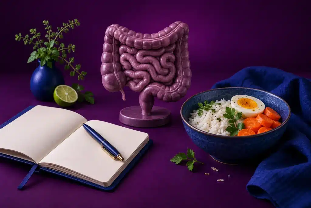 Alimentos, libreta y elementos para comprender el síndrome del intestino irritable