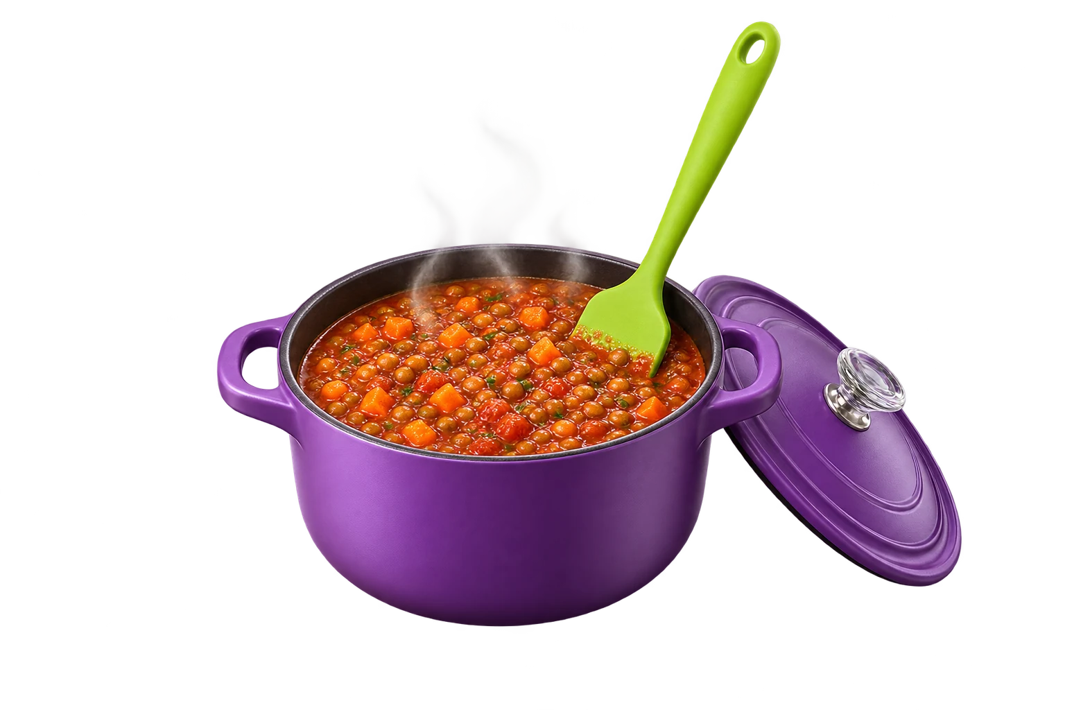 Olla morada con lentejas en jitomate, espátula verde y tapa para ilustrar la preparación por tandas