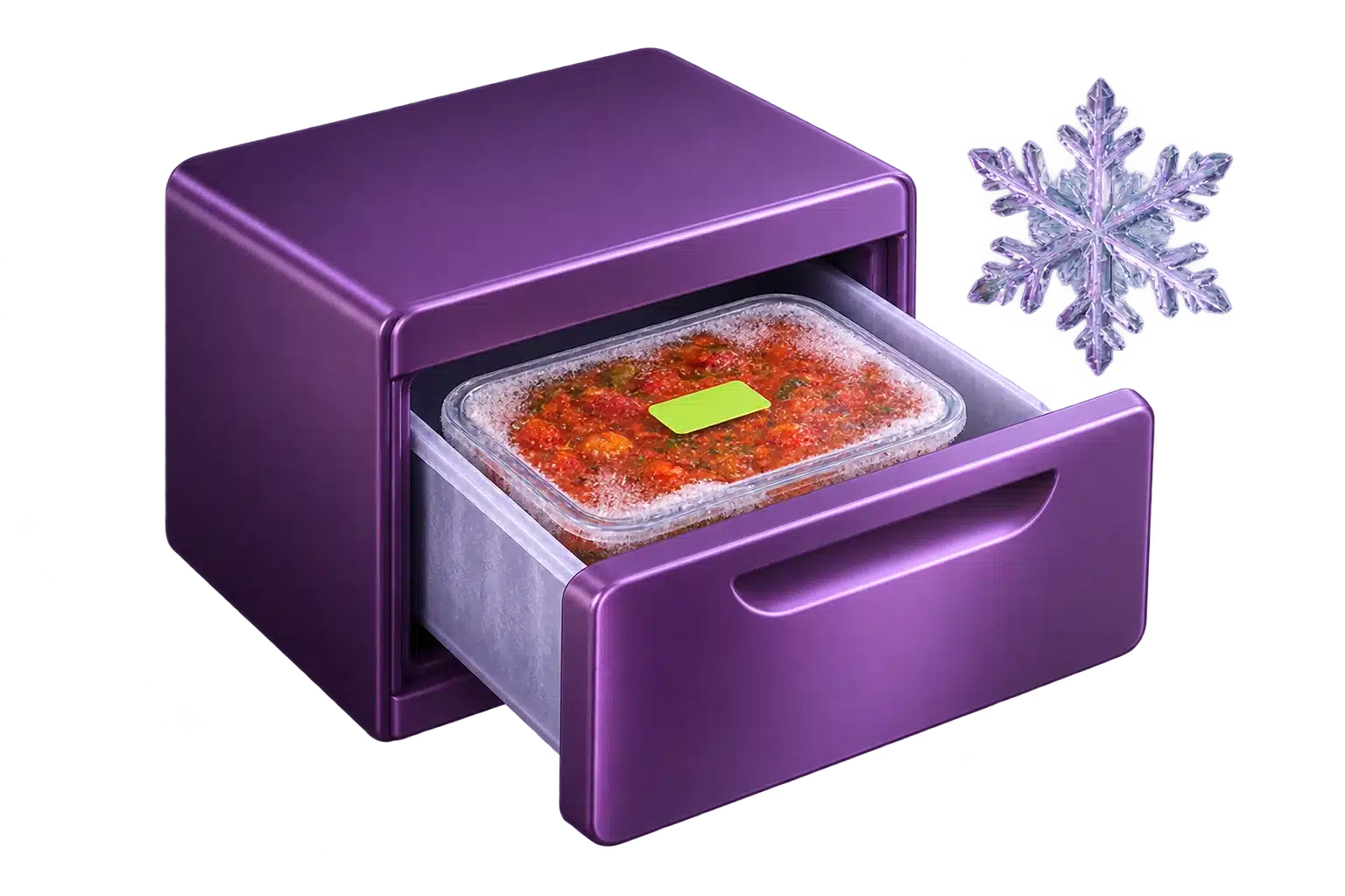 Cajón de congelador morado con una porción de guiso etiquetada y un copo de hielo transparente