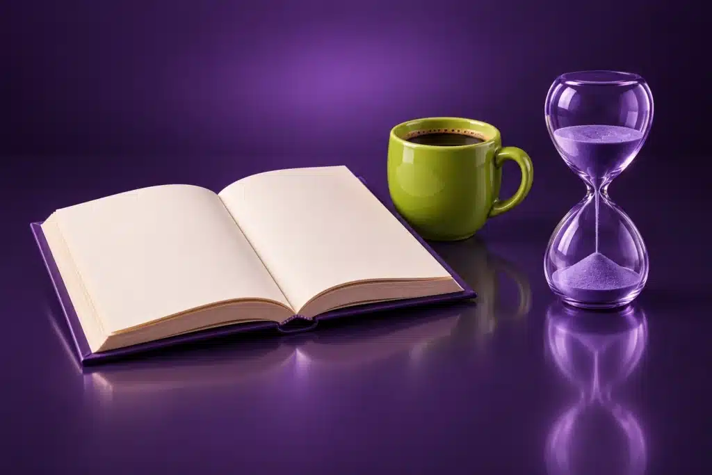 Libro abierto, taza de café y reloj de arena de cristal sobre un fondo morado