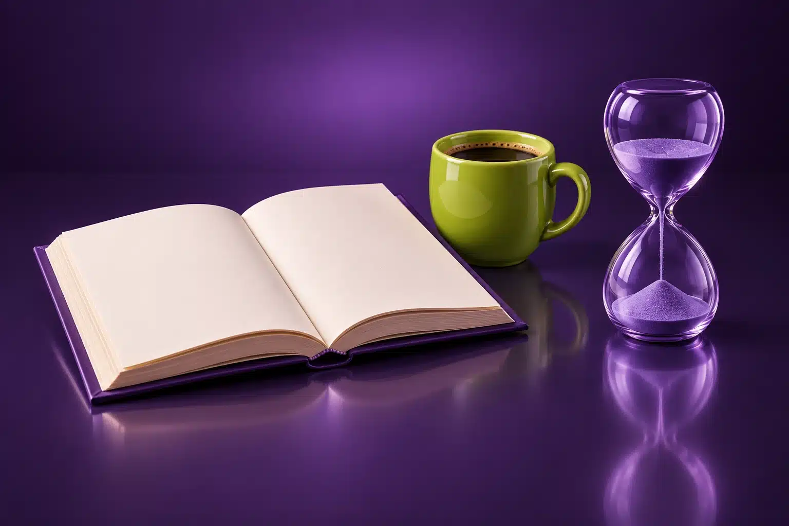 Libro abierto, taza de café y reloj de arena de cristal sobre un fondo morado