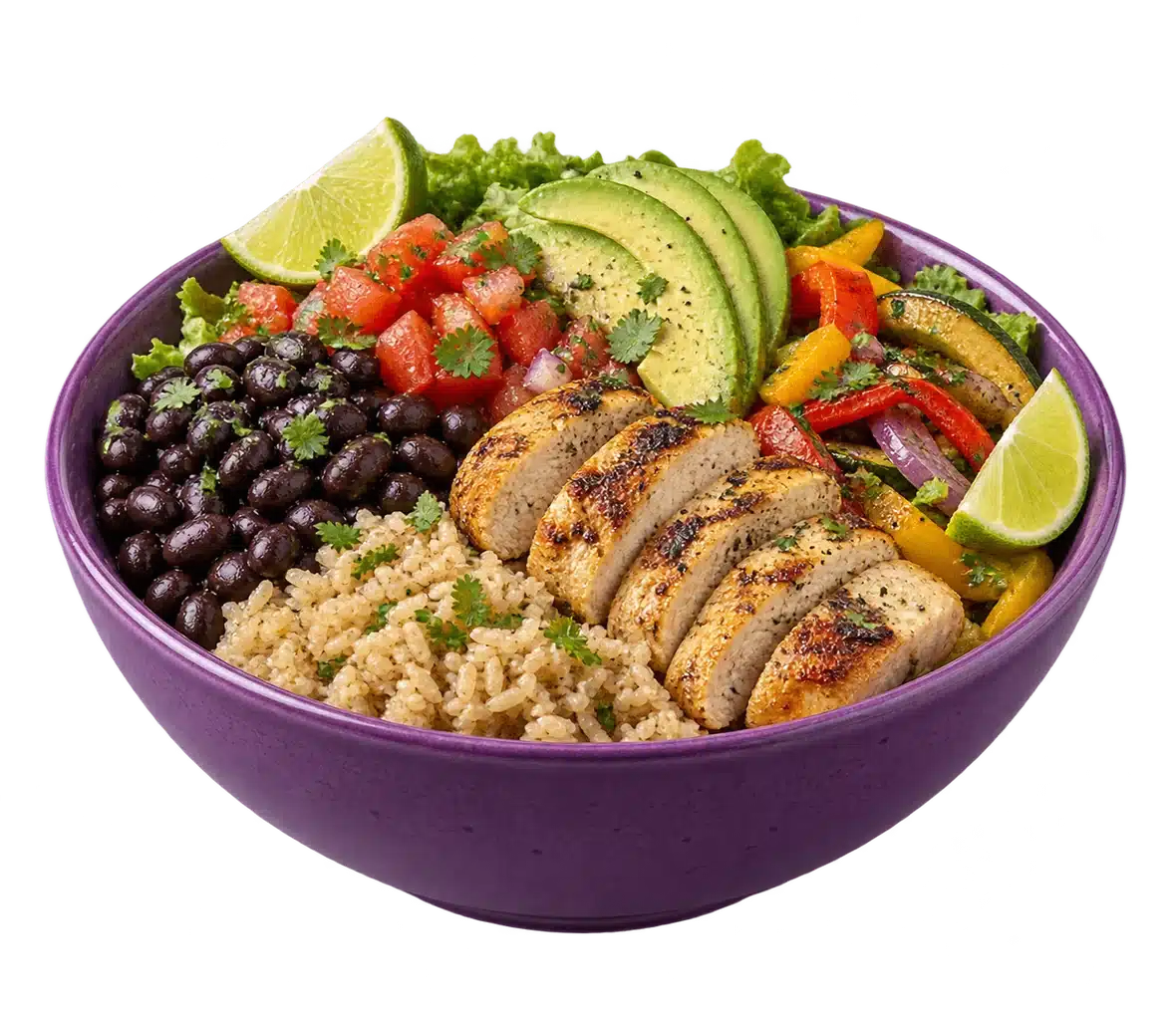 Plato con arroz, frijoles, pollo, aguacate y verduras como ejemplo de comida completa.