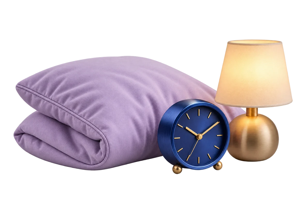 Almohada lila, reloj y lámpara que representan descanso y recuperación.