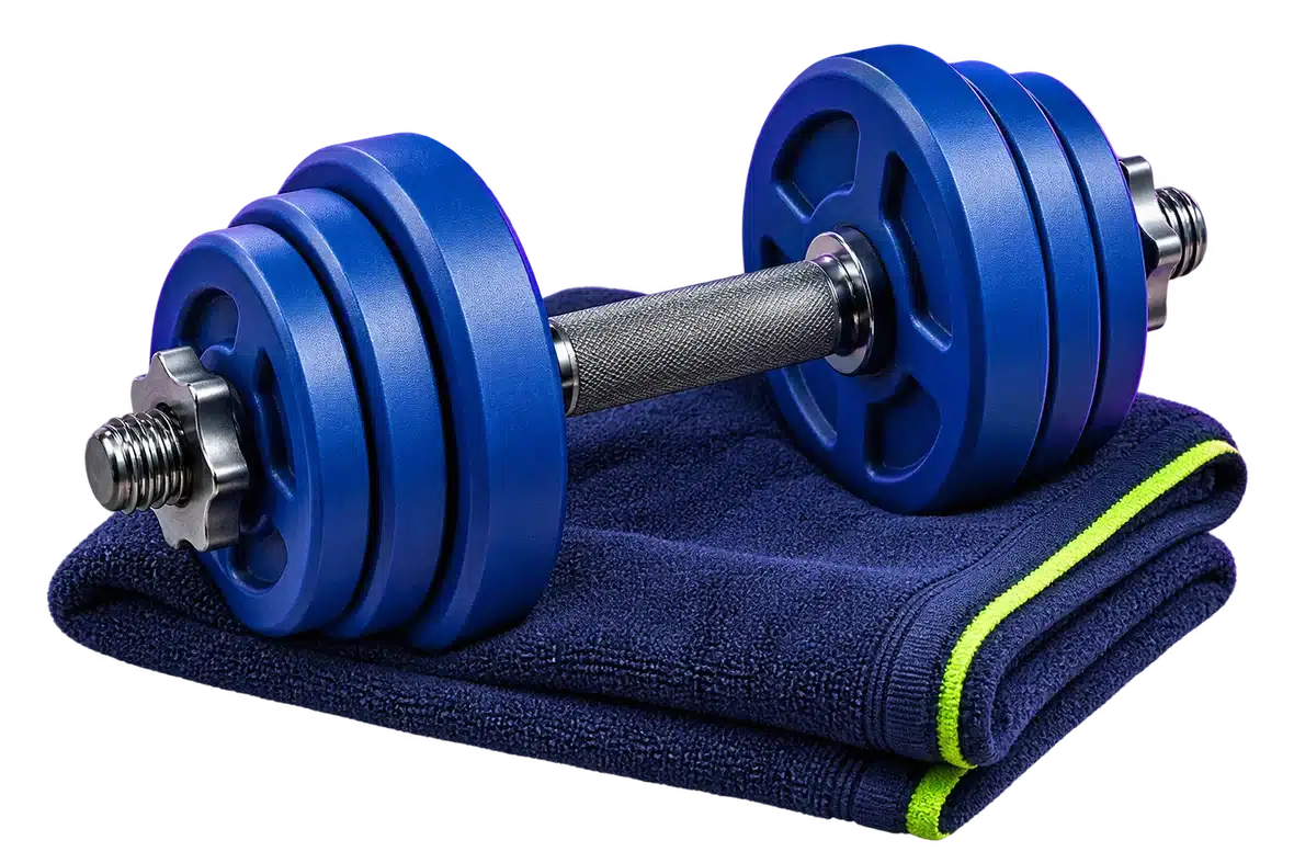 Mancuernas azules y toalla para una sesión de entrenamiento de fuerza.