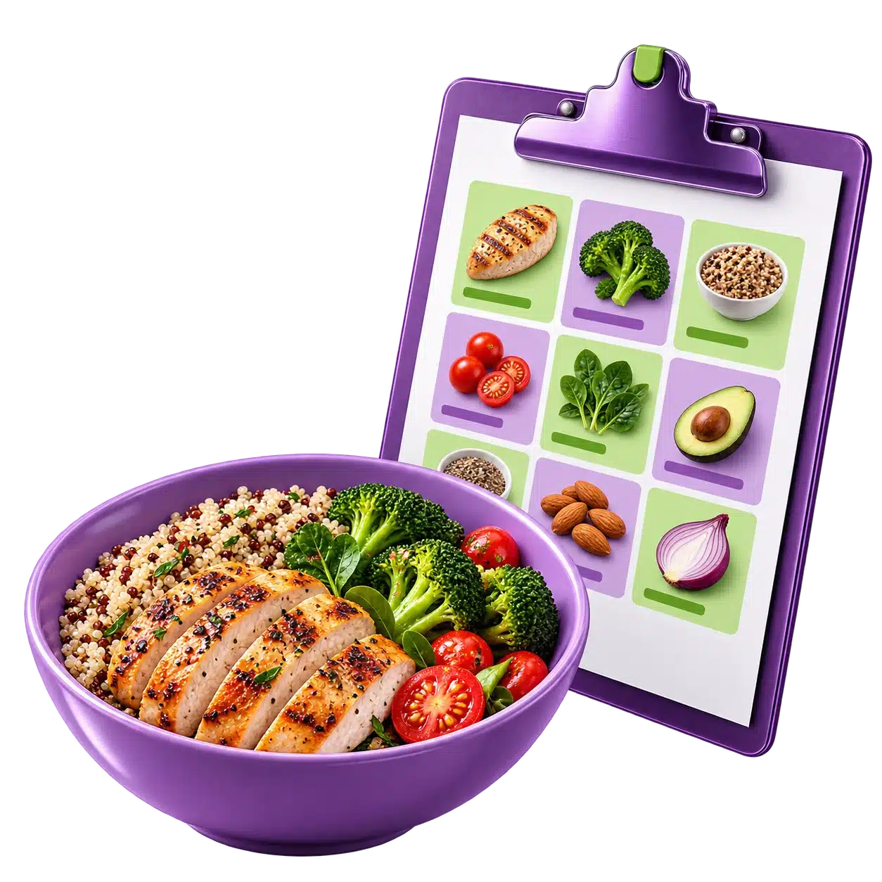 Un plato de comida y un planificador de alimentación.