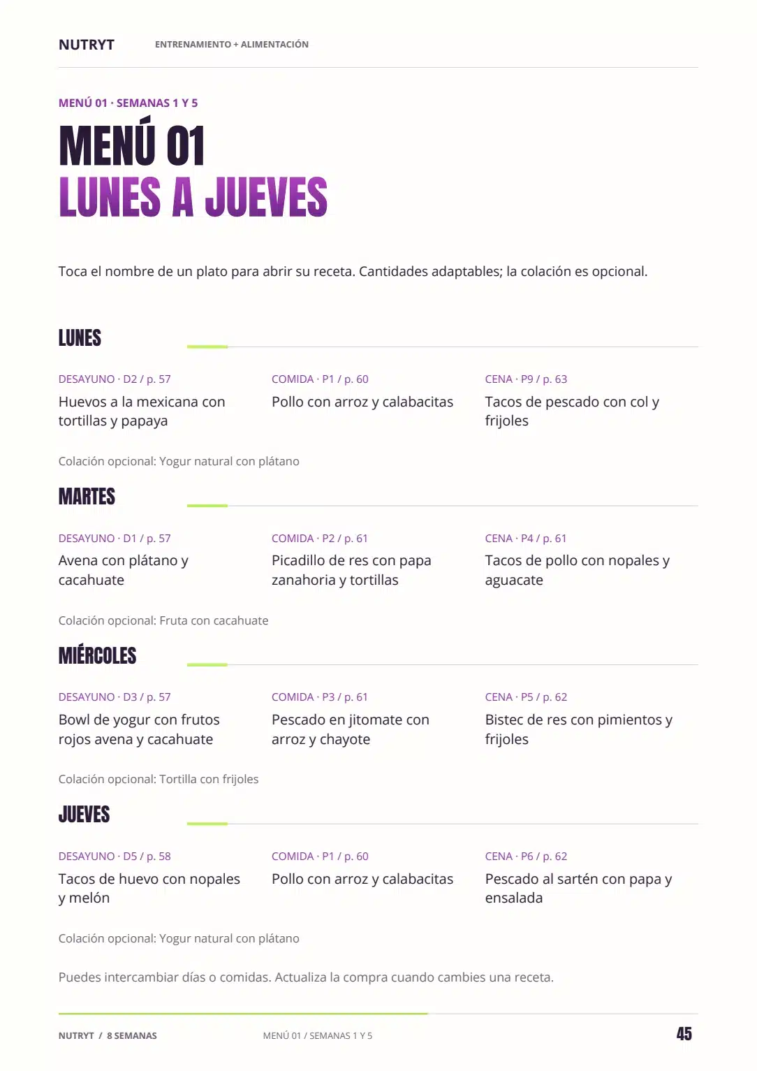Página 45 del PDF: menú 1 de lunes a jueves