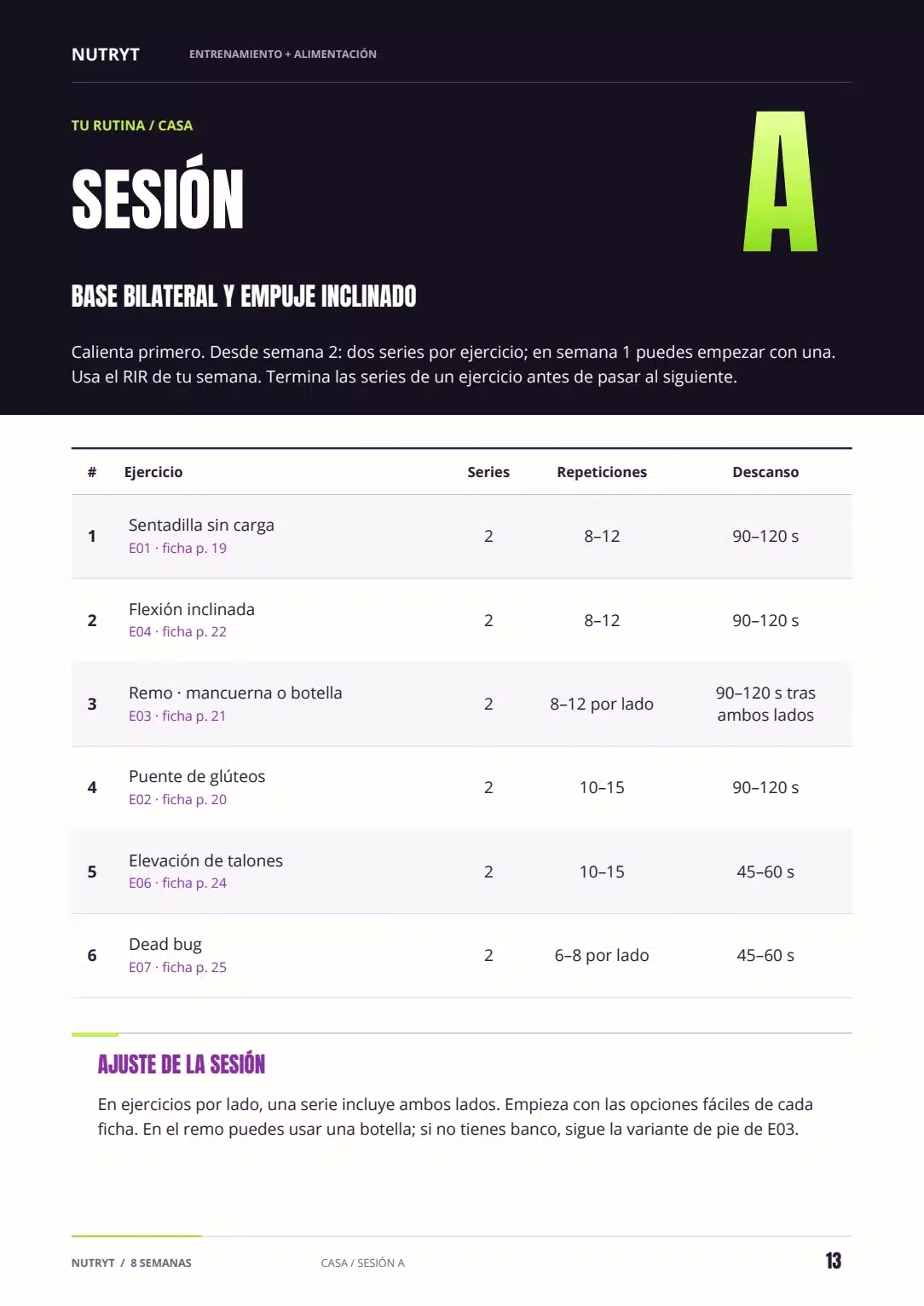 Página 13 del PDF: sesión A de fuerza para casa