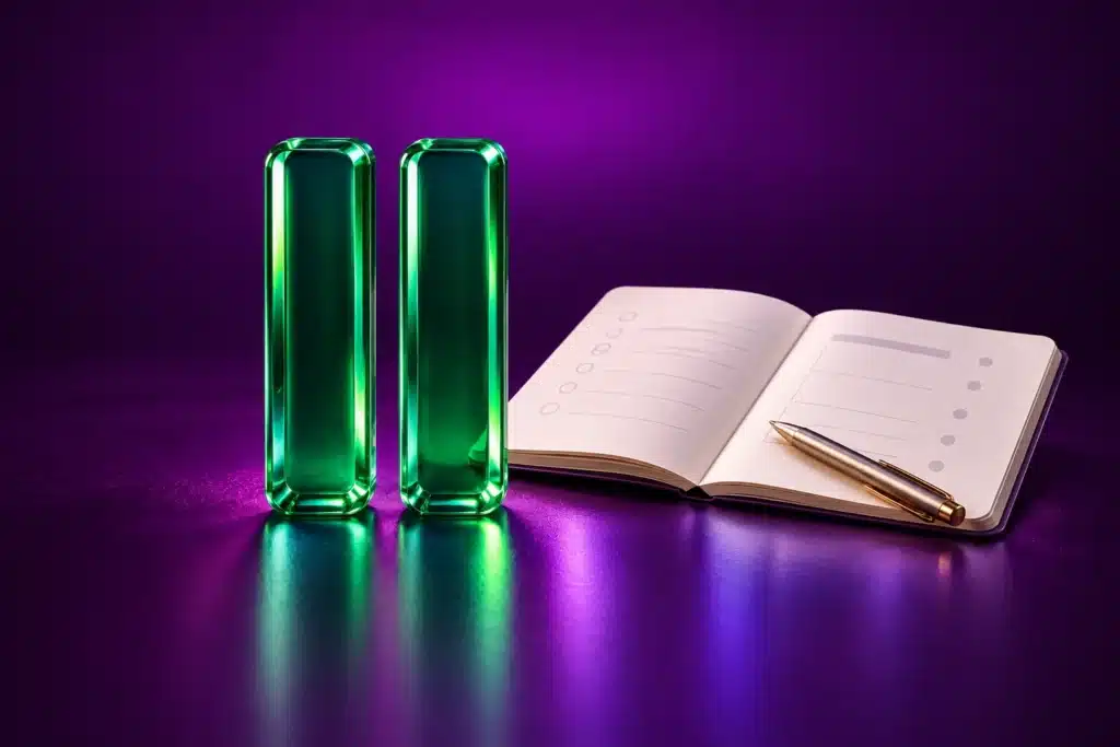 Símbolo de pausa de cristal verde junto a una agenda.