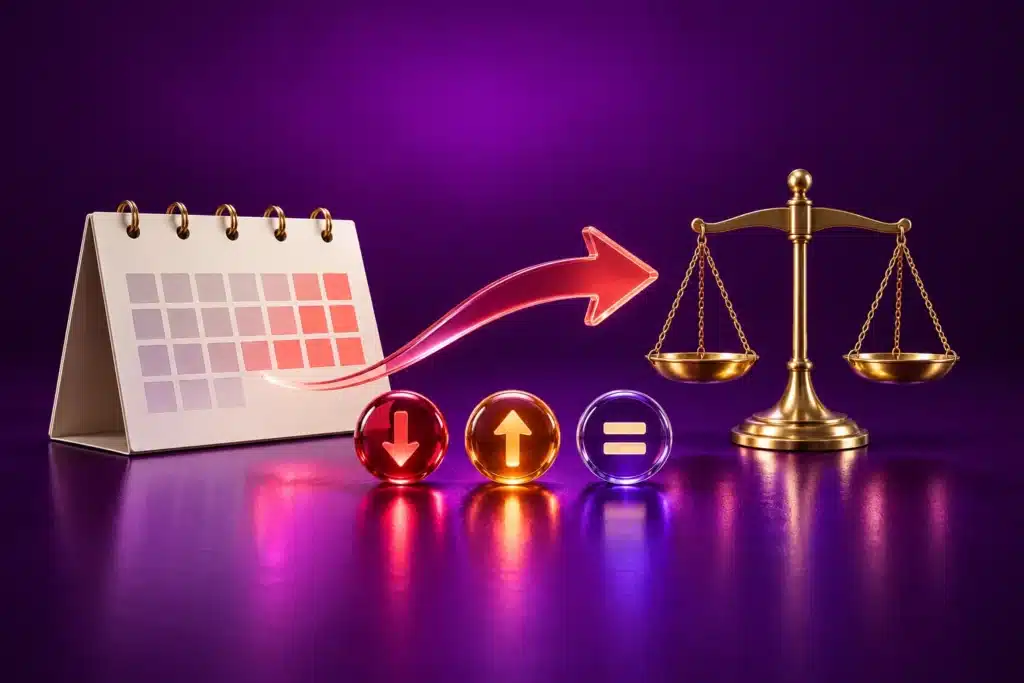 Calendario, flecha de transición de cristal coral y balanza equilibrada.