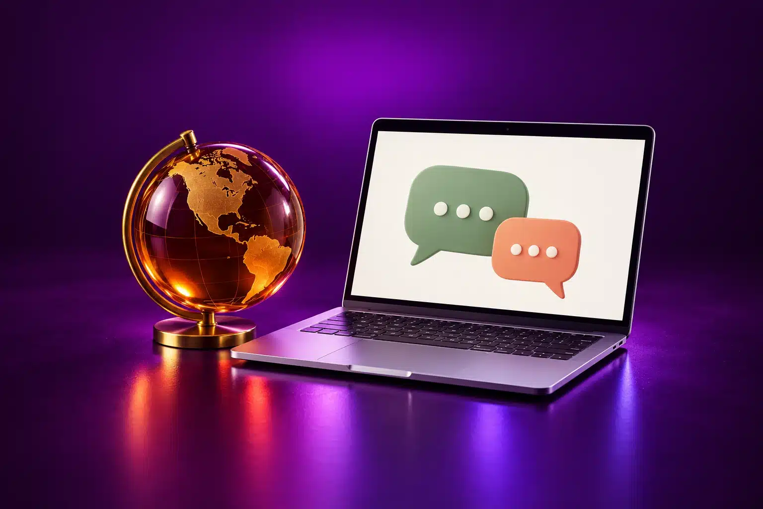Laptop con conversación y globo de cristal ámbar con América del Norte.